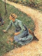 Peasant woman sitting on the side of the road Camille Pissarro
